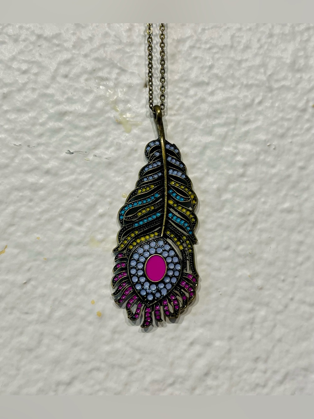 Vintage Multicolor Peacock Feather Pendant Necklace